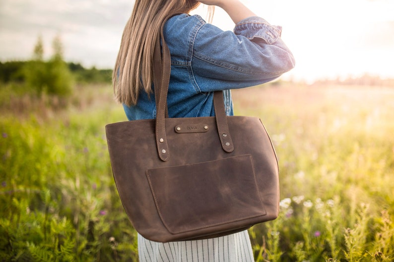 Borsa tote in pelle, borsa tote personalizzata, borse tote in pelle personalizzate per le donne, borsa tote in pelle a grana superiore personalizzata o no immagine 8