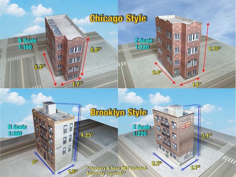 May include: Two different styles of paper model apartment buildings, one in a Chicago style and the other in a Brooklyn style. The models are shown in both N scale (1:160) and Z scale (1:220). The Chicago style building is 9.7 cm tall and 4.3 cm wide, while the Brooklyn style building is 10.8 cm tall and 3.8 cm wide.