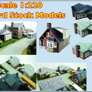 May include: Z Scale 1:220 Card Stock Models. A collection of miniature houses made from card stock, perfect for model railroading or diorama building. The houses are painted in various colors, including red, brown, and gray, and feature realistic details like windows, doors, and roofs.