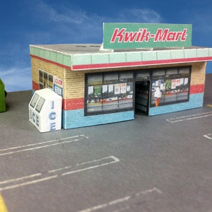 Edificio in cartoncino di carta pretagliata scala N o scala Z minimarket "Kwik Mart" per modellismo ferroviario o diorama