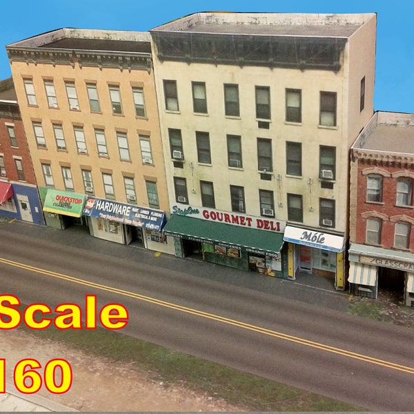 Paper Model Cardstock Buildings Downtown apartments with shops Cardstock kit set - N Scale or Z scale or T Gauge for Diorama or Model Train