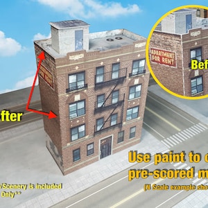 May include: A paper model of a brick apartment building with a sign that reads "Apartment for Rent". The model is pre-scored and requires paint to cover the marks. The image shows the model before and after painting.