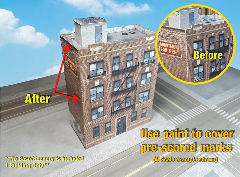 May include: A paper model of a brick apartment building with a sign that reads "Apartment for Rent". The model is pre-scored and requires paint to cover the marks. The image shows the model before and after painting.