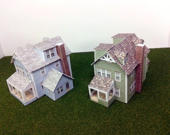 Paper House Card Stock Model House N Scale or Z Scale For Diorama or Model Train - Two Gabled Houses