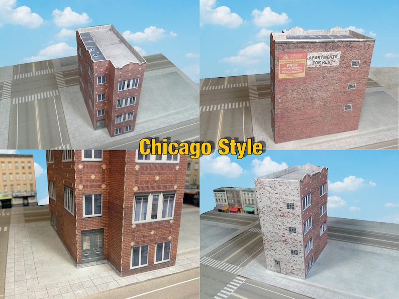 May include: Four model buildings in a Chicago style, with brick facades and multiple windows. The buildings are on a white surface with black lines representing streets.