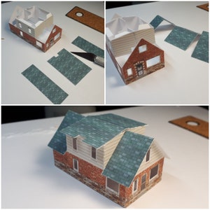 May include: A paper model of a house with a brick exterior and a green roof. The model is assembled and ready to be displayed.