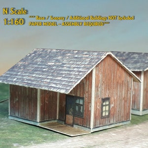 N Scale Building Kit – (5) Weathered Sheds In Cardstock, Unassembled, 1:160 Scale