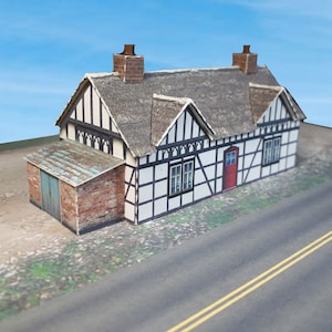 Paper House Card Stock Model House N Scale ou Z Scale Pour Diorama ou Model Train - Tudor Style Thatched Roof House / Cottage avec remise