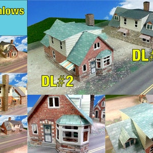 May include: Two styles of paper model bungalow houses. The first style is a two-story house with a red brick exterior and a green roof. The second style is a one-story house with a red brick exterior and a green roof. Both houses have white trim and windows.