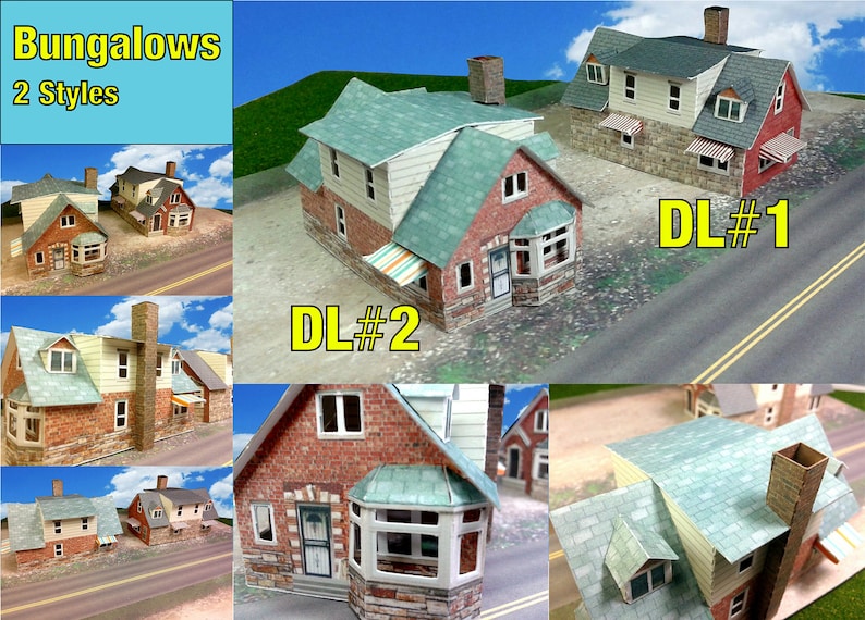 May include: Two styles of paper model bungalow houses. The first style is a two-story house with a red brick exterior and a green roof. The second style is a one-story house with a red brick exterior and a green roof. Both houses have white trim and windows.