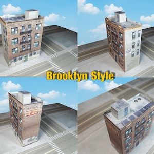 May include: Four different views of a brown brick building with a flat roof. The building has multiple windows and a fire escape. The building is labelled "Apartment For Rent".