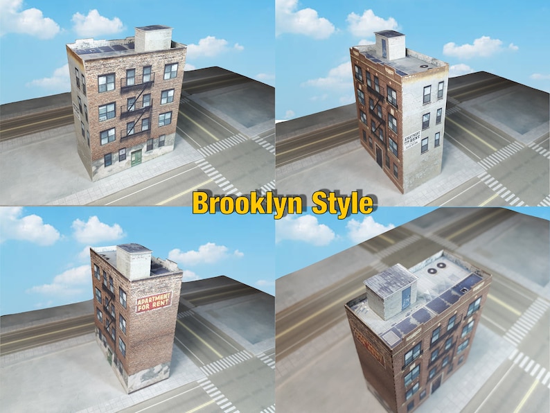May include: Four different views of a brown brick building with a flat roof. The building has multiple windows and a fire escape. The building is labelled "Apartment For Rent".