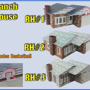 May include: Three paper model ranch houses, labeled RH #1, RH #2, and RH #3. Each house has a different roof color and exterior. The houses are on a blue background. The image also includes a close-up of a basketball hoop.