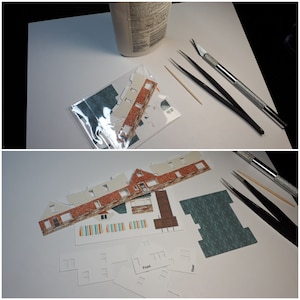 May include: A paper model kit of a building with a red brick facade and a green roof. The kit includes a variety of pieces, including walls, windows, doors, and a chimney. The kit also includes instructions and a small bottle of glue.