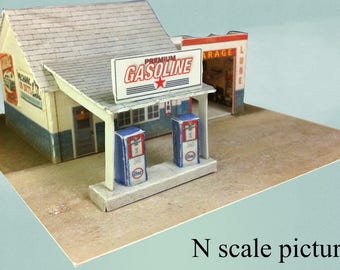 Pre Cut Paper Cardstock Kit Retro Gas Station Service Station (Cardstock Paper Kit) for model train or diorama N Scale Z Scale T Gauge