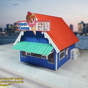 Voorgesneden en vooraf gescoorde Carstock Paper Model Kit - Ice Cream Hut voor modeltrein of diorama
