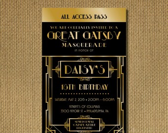 PRINTABLE | Great Gatsby Birthday Invitation Ticket, Black and Gold, Personalized Printable Invitation, You Print