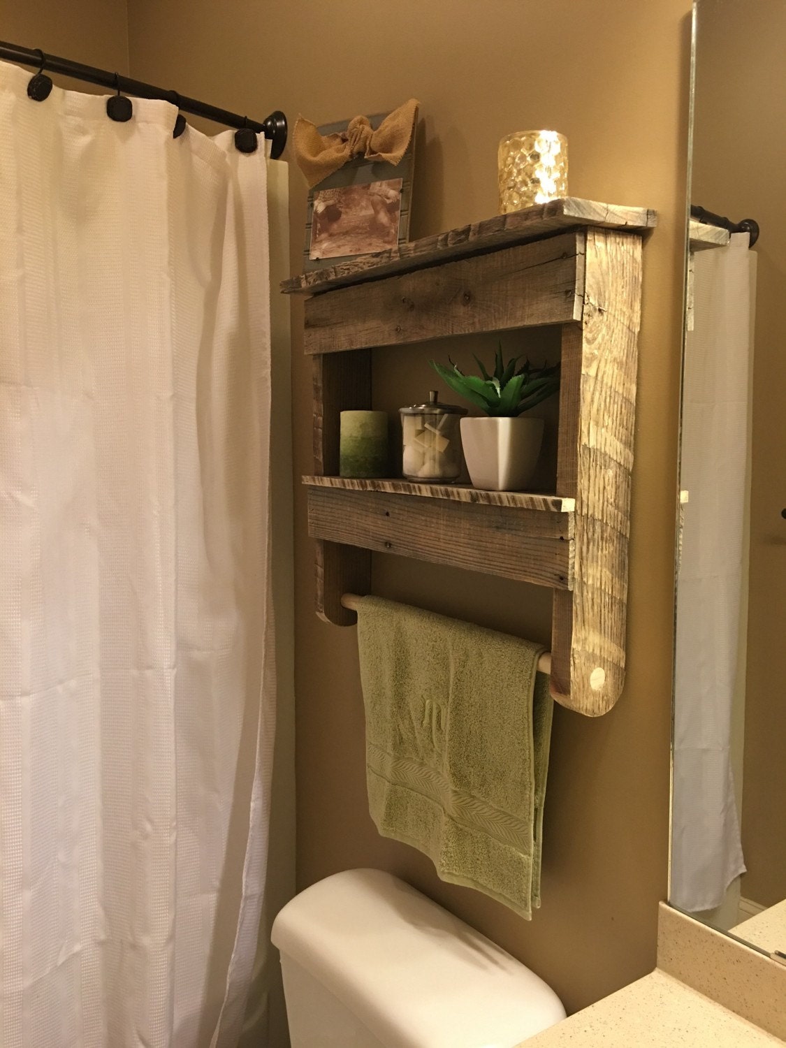 Rustic bathroom shelf with towel hanger Etsy