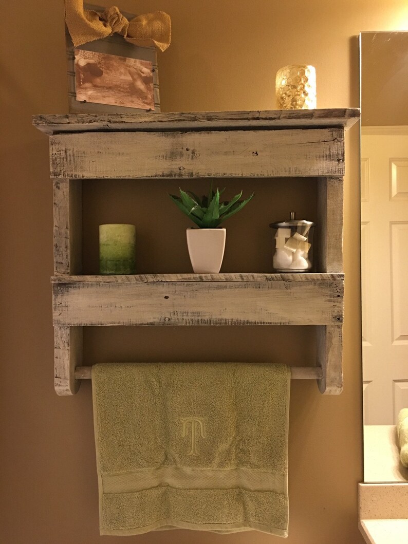 Rustic bathroom shelf with towel hanger Etsy