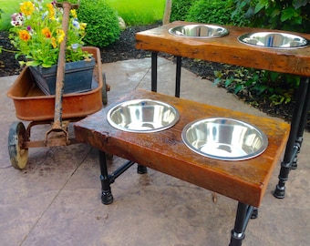 Raised Dog Feeder/reclaimed barn wood / Up cycle / metal piping/ pets / spoiled your pet/ pampered pets/ stand up feeder