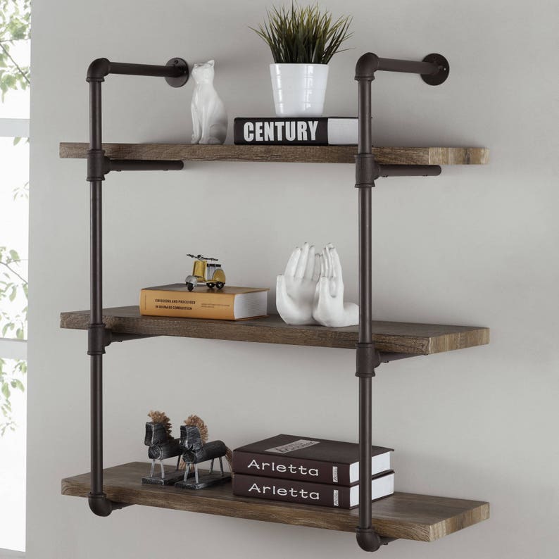 Recliamed & Upcycled Wood and Metal Piping Shelves . Wall Decor