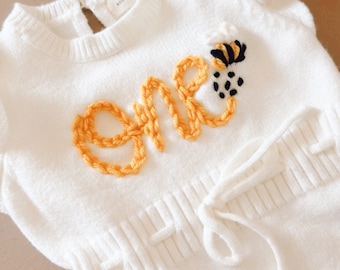 Handmade First Birthday Romper, Embroidered Bee Design