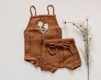 Knit bodysuit and bottom shorts with handembroidered flowers