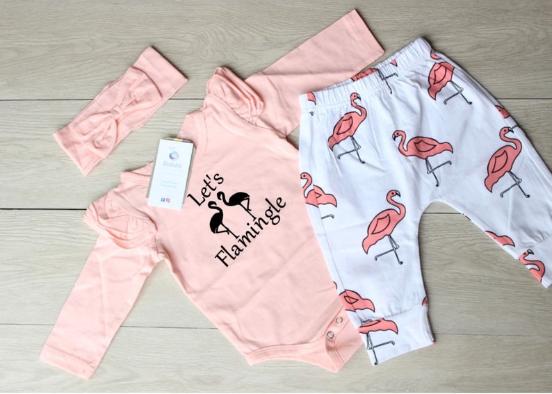 Let/'s Flamingle Outfit Baby Girl Flamingo Outfit Name Bodysuit Flamingo Pants and Matching Headband Coral Flamingo Outfit Coming Home Outfit