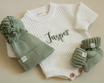 Conjunto de pelele de punto personalizado para bebé, regalo para baby shower, conjunto para la salida del hospital.