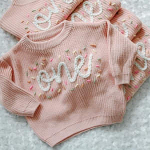 Hand embroidered One Sweater First Birthday Sweater Hand embroidered sweater Baby Girl Birthday Sweater image 2