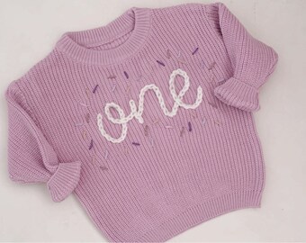 Hand embroidered One Sweater First Birthday Sweater Hand embroidered sweater Purple Sweater One Hand Embroidered with Sprinkles