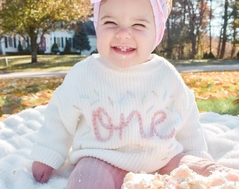 Hand embroidered One Sweater First Birthday Sweater Hand embroidered sweater White Sweater Pink Working with pastel sprinkles