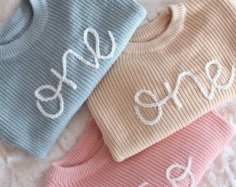 Hand embroidered One Sweater First Birthday Sweater Hand embroidered sweater Simple One Sweater