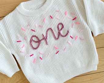 Hand embroidered One Sweater First Birthday Sweater Hand embroidered sweater Pink Sprinkles Mauve One Sweater