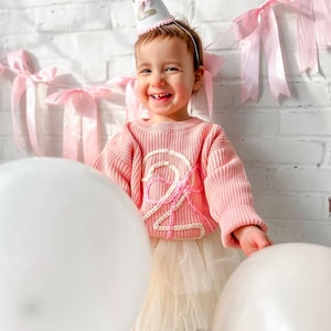Hand embroidered Birthday Sweater First Birthday Sweater Hand embroidered sweater Number and Bow