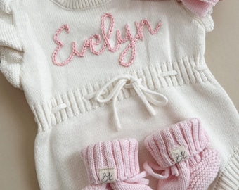 PERSONALIZED Hand embroidered Romper Baby Announcement Romper Newborn Baby Romper Name Romper