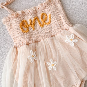 One Romper First Birthday Outfit First Birthday Romper Hand-embroidered One Romper with daisy flowers Yellow One