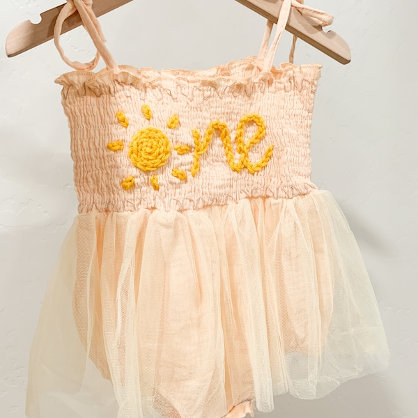 One Romper First Birthday Outfit First Birthday Romper Hand-embroidered One Romper with a sun