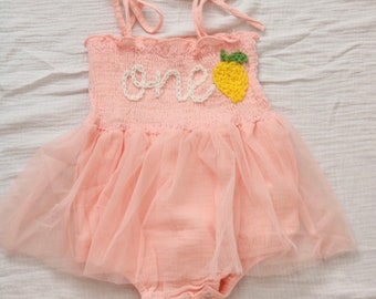 One Romper First Birthday Outfit First Birthday Romper Hand-embroidered One Romper with a cute Lemon