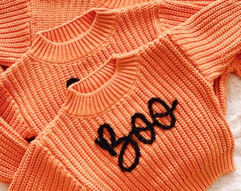 Hand embroidered BOO sweater orange boo sweater Halloween boo sweater