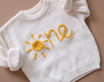 Hand embroidered One Sweater First Birthday Sweater Hand embroidered sweater White Sweater Sun yellow Wording