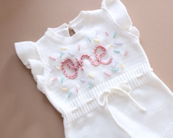 One romper first birthday handembroidered romper with confetti sprinkles