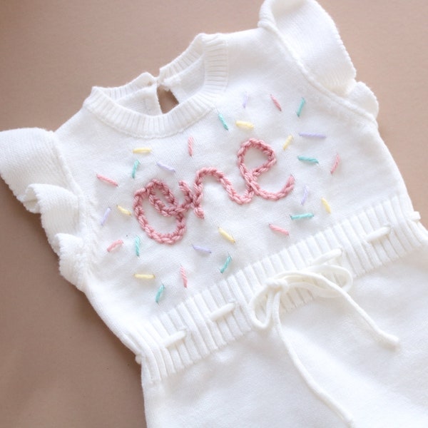 One romper first birthday handembroidered romper with confetti sprinkles