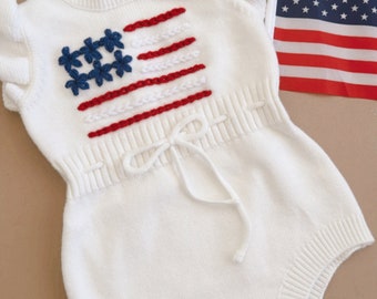 Fourth Of July Romper Handembroidered Patriotic Romper USA Flag embroidered romper