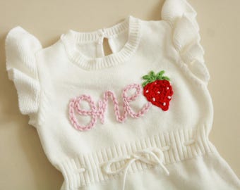 One romper first birthday handembroidered romper with a little Strawberry First Birthday Berry Sweet Birthday Romper