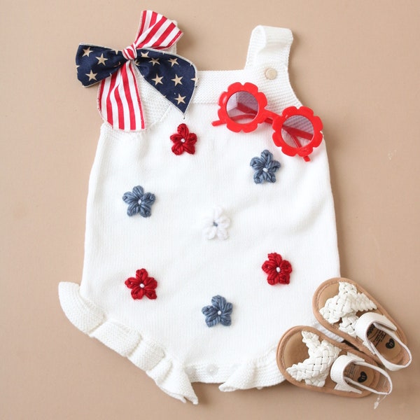 Fourth Of July Romper Handembroidered Patriotic Romper USA Flag embroidered romper Floral Patriotic Romper