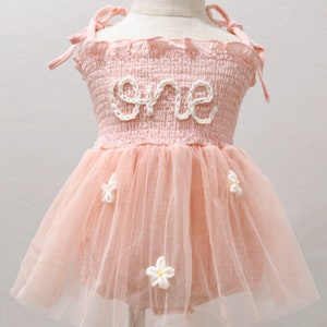 Traje de primer cumpleaños One Romper Traje de primer cumpleaños Rosa Romper bordado a mano Uno en color blanco roto con flores de margaritas