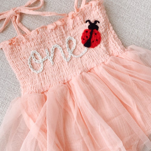 ladybug first birthday dress Hand-embroidered Ladybug 1st Birthday Romper, Pink Outfit