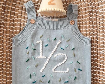 Hand embroidered 1/2 birthday Romper half Birthday Sweater Hand embroidered sweater and party hat