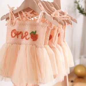 One Romper First Birthday Outfit First Birthday Romper Hand-embroidered One Romper with Peach